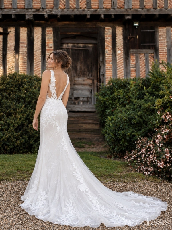 Plunging V-Neck Floral Lace Mermaid Wedding Dress WD26029