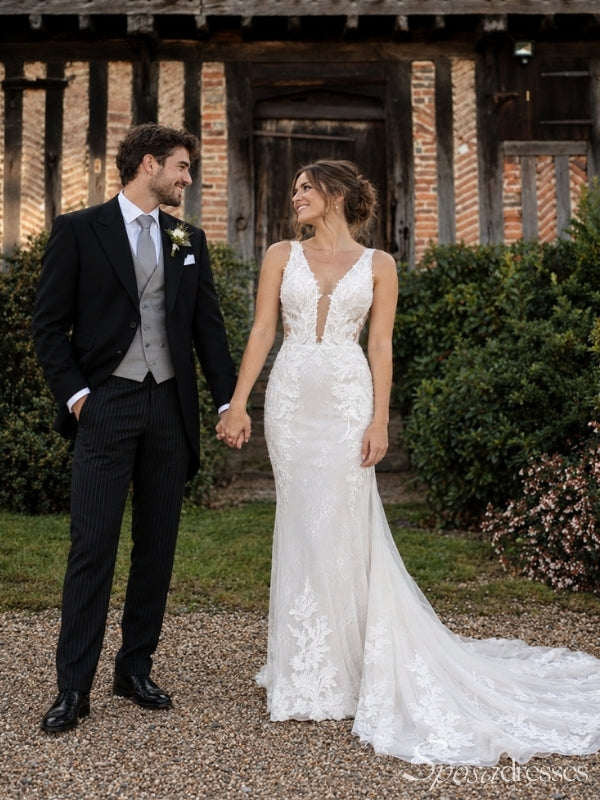 Plunging V-Neck Floral Lace Mermaid Wedding Dress WD26029