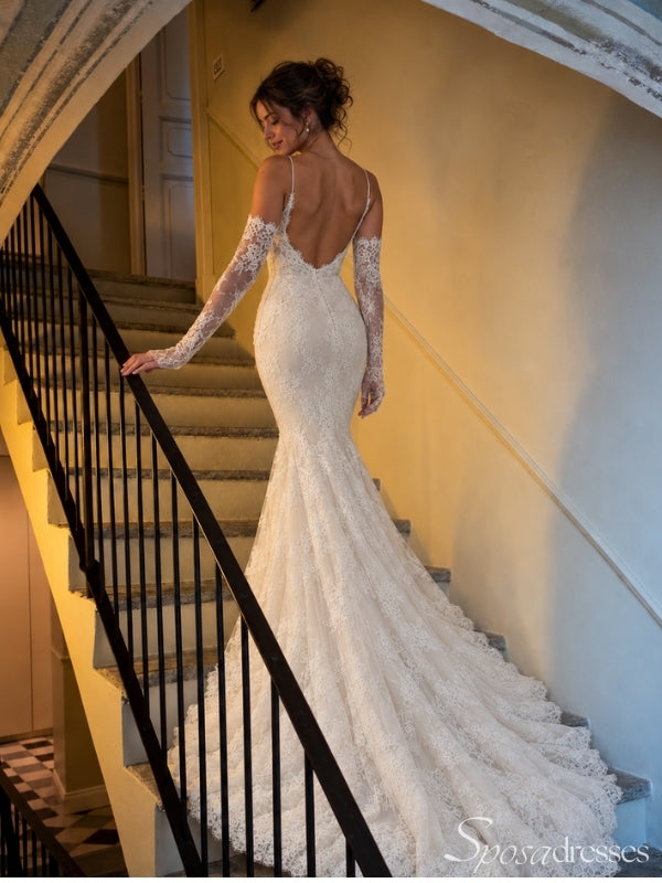 Spaghetti Strap Lace Mermaid Wedding Dress with Sleeves WD26033