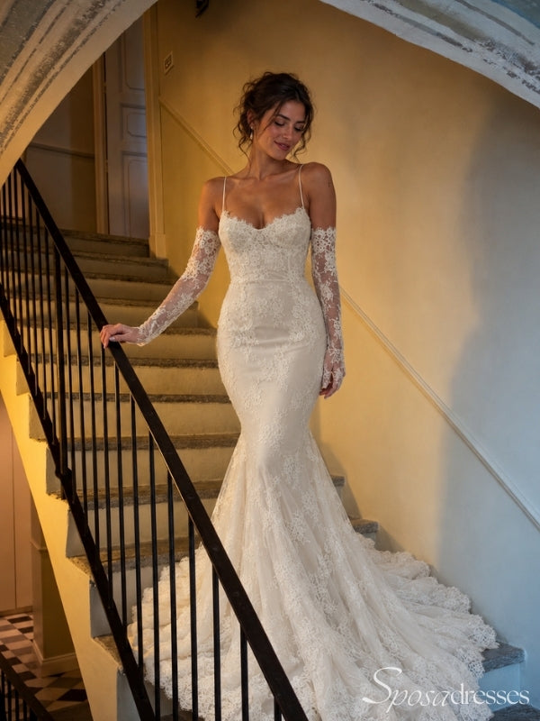 Spaghetti Strap Lace Mermaid Wedding Dress with Sleeves WD26033