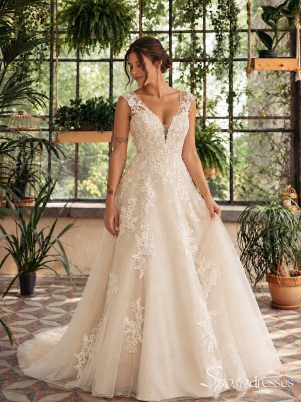 Champagne Lace Applique V Neck Tulle A Line Backless Long Wedding Dress WD26044