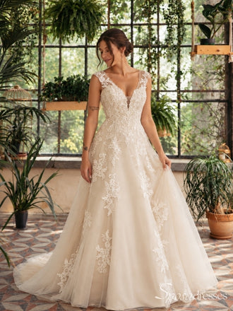 Champagne Lace Applique V Neck Tulle A Line Backless Long Wedding Dress WD26044