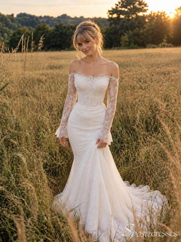 Ivory Lace Off the Shoulder Long Sleeve Mermaid Long Wedding Dress WD26045