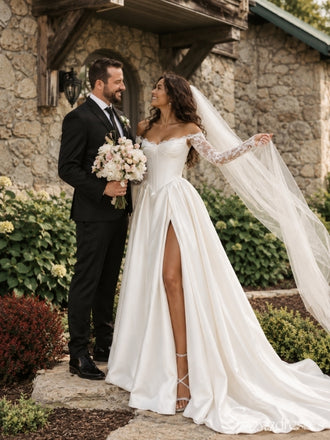 Ivory Satin Lace Off the Shoulder Long Sleeve High Slit Corset Ball Gown Long Wedding Dress WD26047