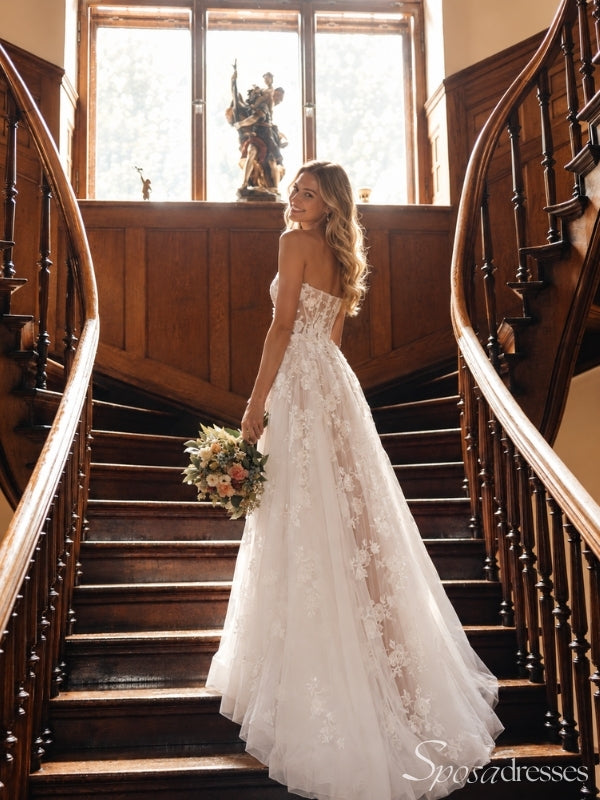 Ivory Lace Strapless Corset High Slit Tulle A Line Long Wedding Dress WD26048