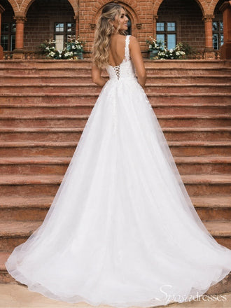 Ivory Lace Square Neck Straps Tulle Ball Gown Long Wedding Dress WD26049
