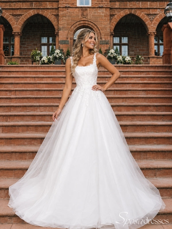 Ivory Lace Square Neck Straps Tulle Ball Gown Long Wedding Dress WD26049