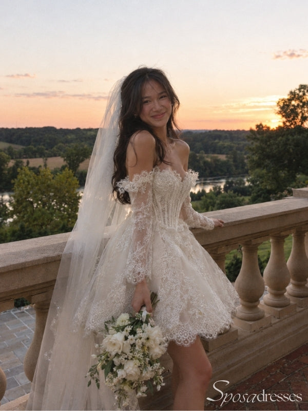 Ivory Off-the-Shoulder Long Sleeve Lace Short Wedding Dress WD26053