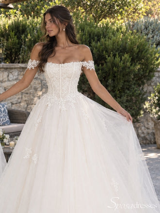 Ivory Off-the-Shoulder Floral Lace Corset A-Line Tulle Wedding Dress WD26056