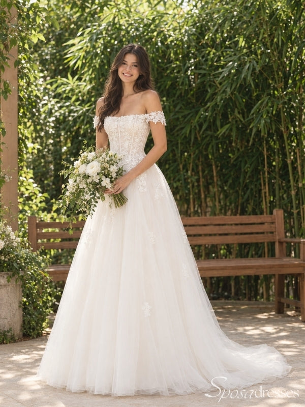 Ivory Off-the-Shoulder Floral Lace Corset A-Line Tulle Wedding Dress WD26056