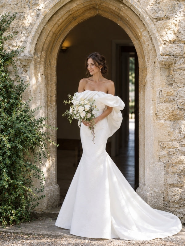 Ivory Off-the-Shoulder Ruffle Mermaid Wedding Dress with Train WD26057
