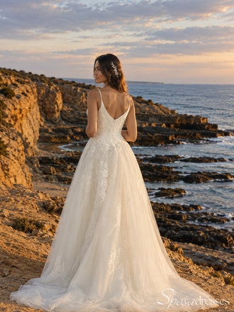 Ivory V-Neck Spaghetti Strap Lace A-Line Wedding Dress with Train WD26061