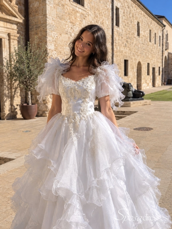 White Lace Puff Sleeve Tiered Ruffle Ball Gown Wedding Dress WD26063