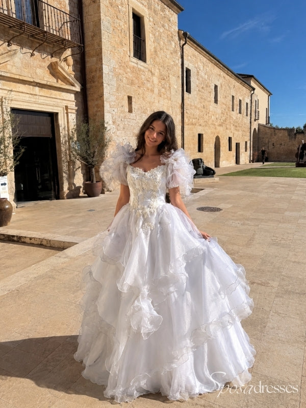 White Lace Puff Sleeve Tiered Ruffle Ball Gown Wedding Dress WD26063