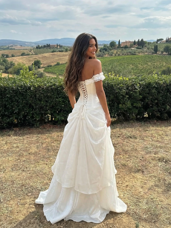 White Chiffon Overlay Prom Dress | Satin Corset Gown SposaDresses White Chiffon Overlay Prom Dress | Satin Corset Gown SposaDresses