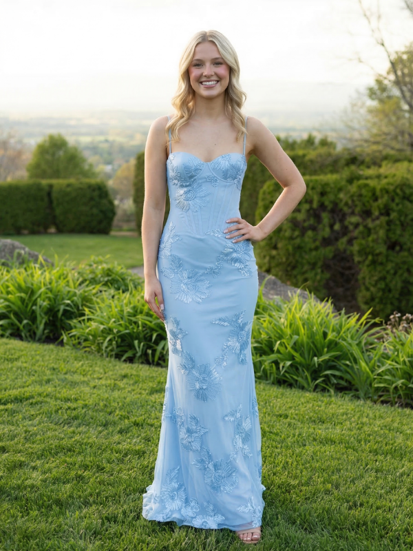 Sweetheart Sheath Embroidered Tulle Prom Dress with Spaghetti Straps, 26021