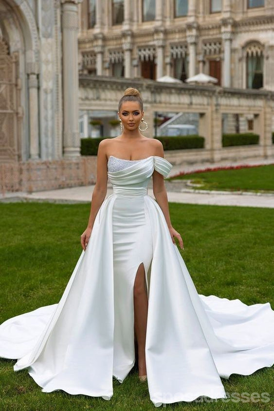 Off White Mermaid One Shoulder Side Slit Maxi Long Party Prom Dresses,13291