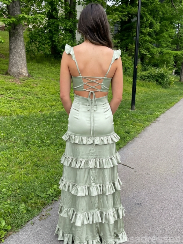 Sage Green Satin Tiered Maxi Dress with Cut-Outs Ruffled Strap Lace-Up SposaDresses Sage Green Satin Tiered Maxi Dress with Cut-Outs Ruffled Strap Lace-Up SposaDresses