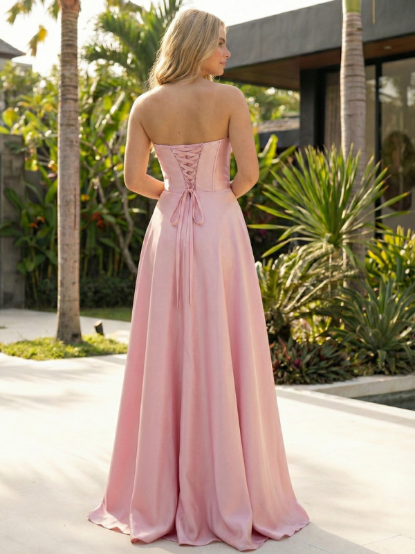 Ethereal Blush Satin Prom Dress Strapless Draped Corset A-Line Gown with Slit, 26006