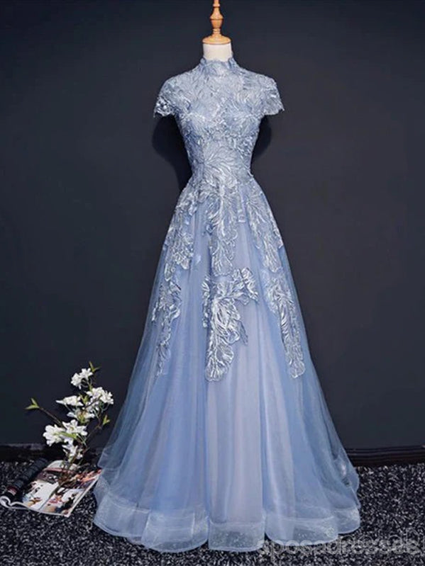 Modest High Neckline Short Sleeve Dusty Blue Long Evening Prom Dresses, Popular Long Party Prom Dresses, 17222
