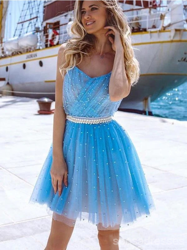 Blue A-line Spaghetti Straps Short Homecoming Dresses,Short Prom Dresses,CM958