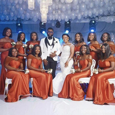 Sexy Burnt Orange Mermaid Off Shoulder Maxi Long Wedding Guest Bridesmaid Dresses,WG1743