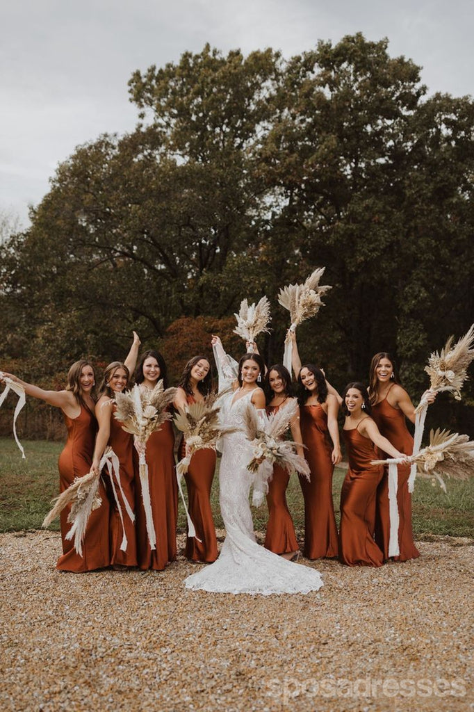 Sexy Rust Sheath Spaghetti Straps Long Wedding Guest Bridesmaid Dresses,WG1740