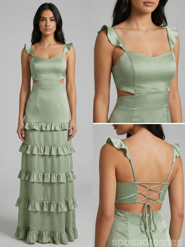 Sage Green Satin Tiered Maxi Dress with Cut-Outs Ruffled Strap Lace-Up Formal Gown, 26004
