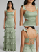 Sage Green Satin Tiered Maxi Dress with Cut-Outs Ruffled Strap Lace-Up Formal Gown, 26004