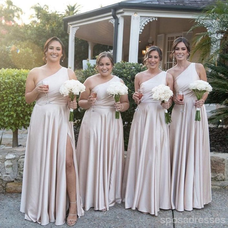 Simple One Shoulder A-line Side Slit Maxi Long Wedding Guest Bridesmaid Dresses,WG1731