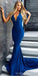 Sexy Blue V-neck Mermaid Backless Long Party Prom Dresses,Evening Dress,13356