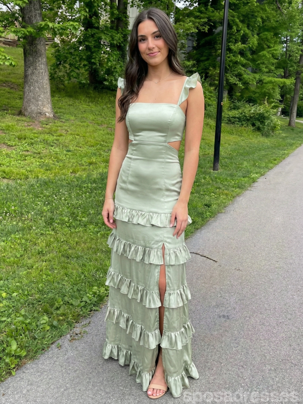 slim fit dress slacks Sage Green Satin Tiered Maxi Dress with Cut-Outs Ruffled Strap Lace-Up –  SposaDresses