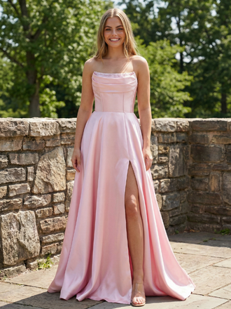 Ethereal Blush Satin Prom Dress Strapless Draped Corset A-Line Gown with Slit, 26006