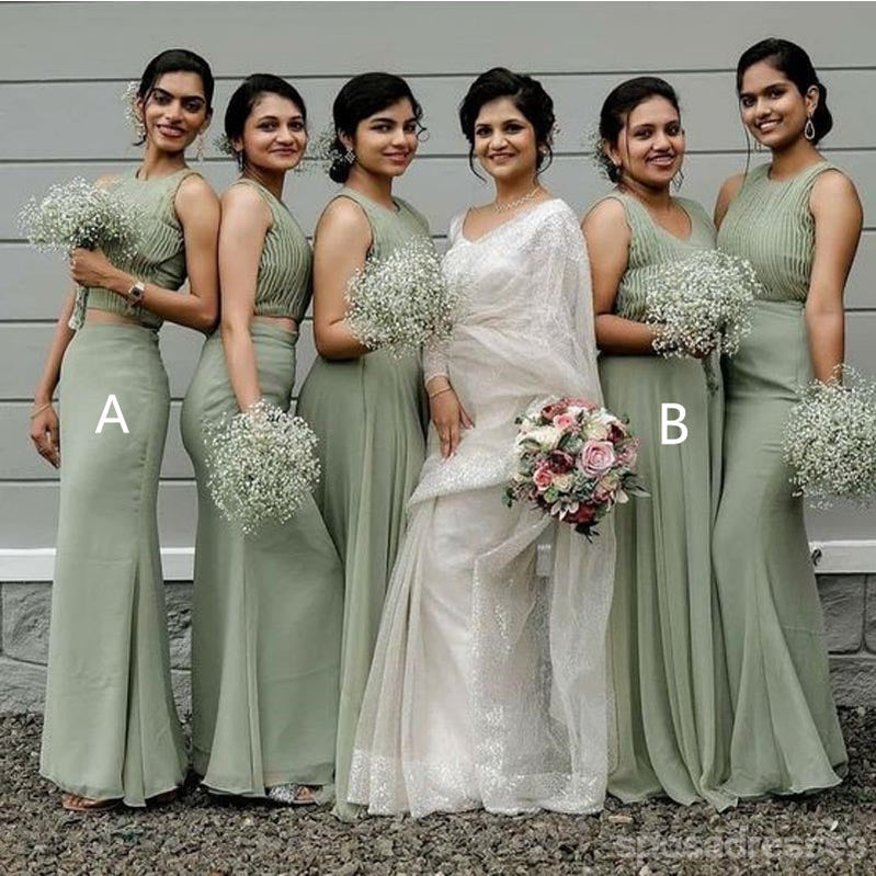 Green Two Pieces Cheap Maxi Long Bridesmaid Dresses,WG1683