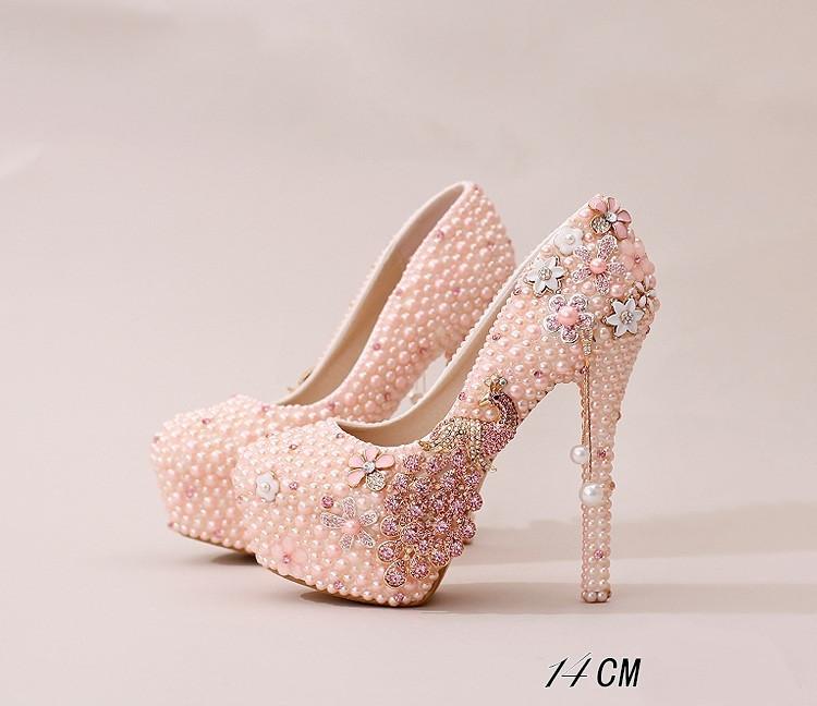 Handmade High Heels Round Toe Pearls Crystal Wedding Shoes, S0038