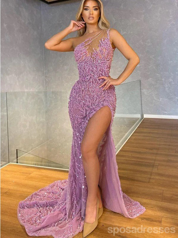 Sparkly Mermaid One Shoulder Side Slit Maxi Long Party Prom Dresses Online,13281