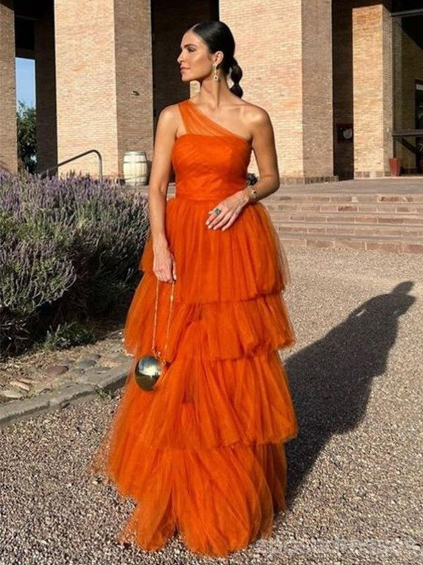 Pretty Orange A-line One Shoulder Maxi Long Party Prom Dresses,Evening Gowns,13588