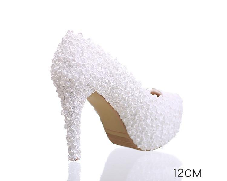 Pearls Lace Pointed Toe White High Heels Wedding Bridal Shoes, S016