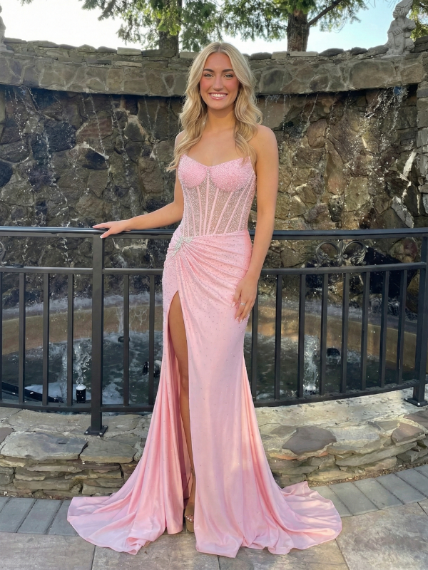 Sparkling Illusion Corset Prom Dress Rhinestone Beaded Bodice Slit Gow SposaDresses Sparkling Illusion Corset Prom Dress Rhinestone Beaded Bodice Slit Gow SposaDresses