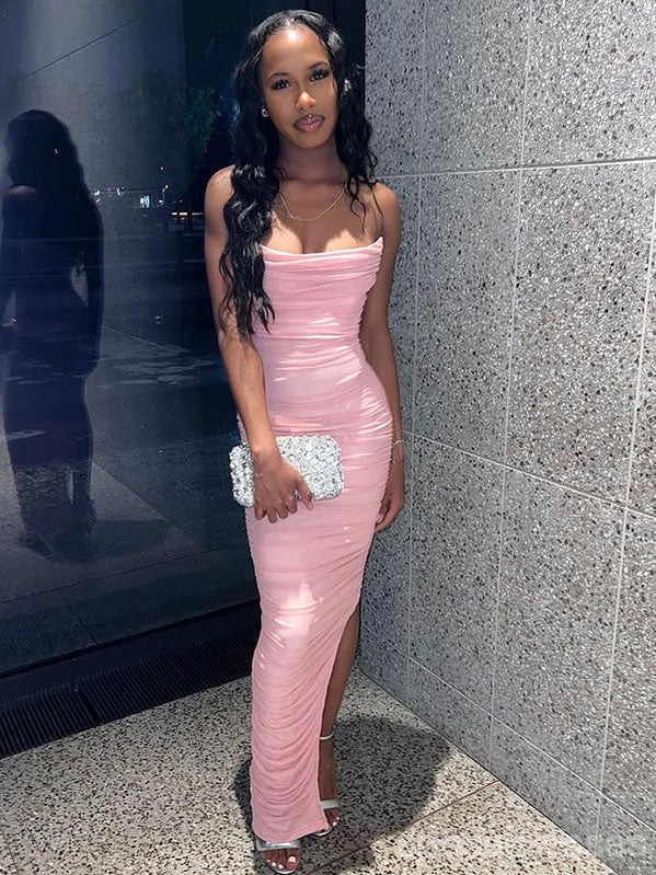 Sexy Pink Mermaid Side Slit Long Party Prom Dresses Ideas,Evening Gowns,13825