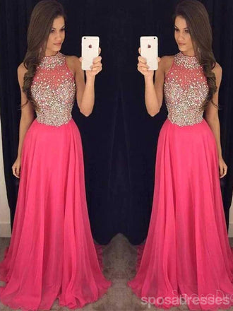 Hot Pink Halter Evening Prom Dresses, 2017 Long Beaded Prom Dress, Custom Long Prom Dress, Cheap Party Prom Dress, Formal Prom Dress, 17037