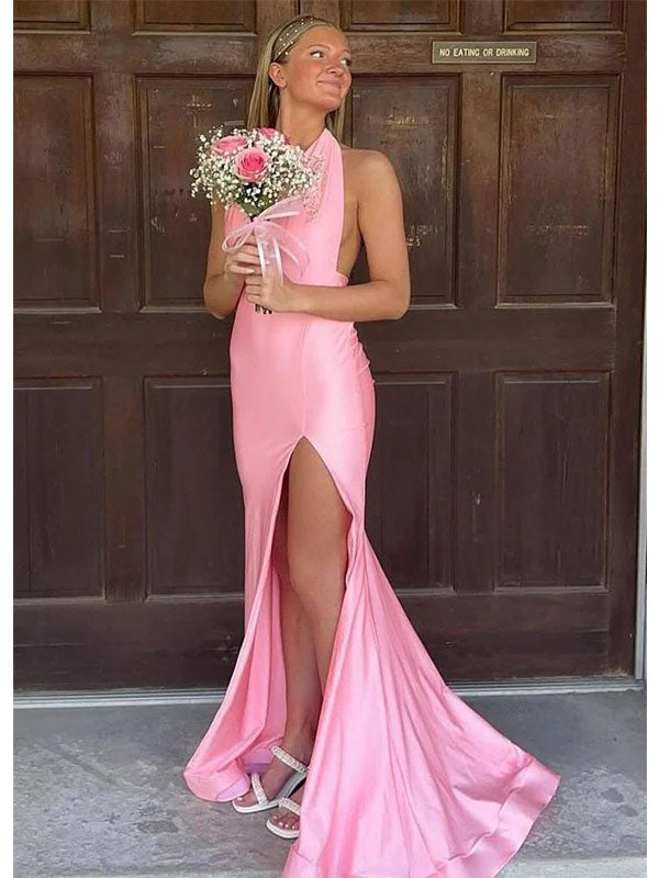 Sexy Pink Mermaid Halter Long Party Prom Dresses Ideas,Evening Gowns,13774