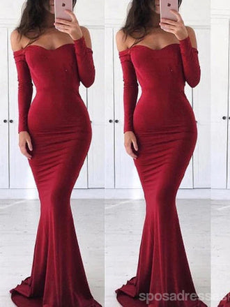 Simple Off Shoulder Long Sleeve Red Mermaid Evening Prom Dresses, Popular Red Party Prom Dresses, Custom Long Prom Dresses, Cheap Formal Prom Dresses, 17201