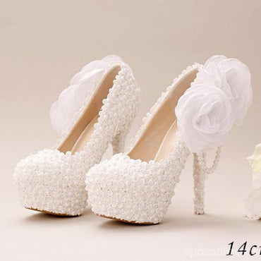 Pointed Toe Lace Pearls Wedding Shoes With Handmade Flowers, S033