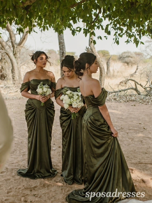 Dark Olive Green Satin Off The Shoulder Basque Waist High Slit Bridesmaid Dress 26045