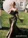 Dark Olive Green Satin Off The Shoulder Basque Waist High Slit Bridesmaid Dress 26045