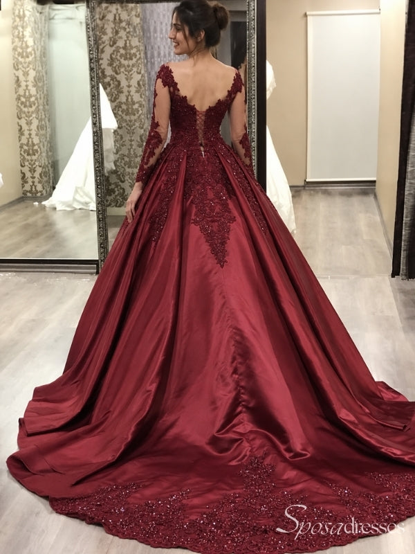 Burgundy Long Sleeves Applique Prom Dresses, Sweet 16 Ball Gown Dresses, 12444