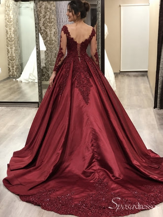Burgundy Long Sleeves Applique Prom Dresses, Sweet 16 Ball Gown Dresses, 12444