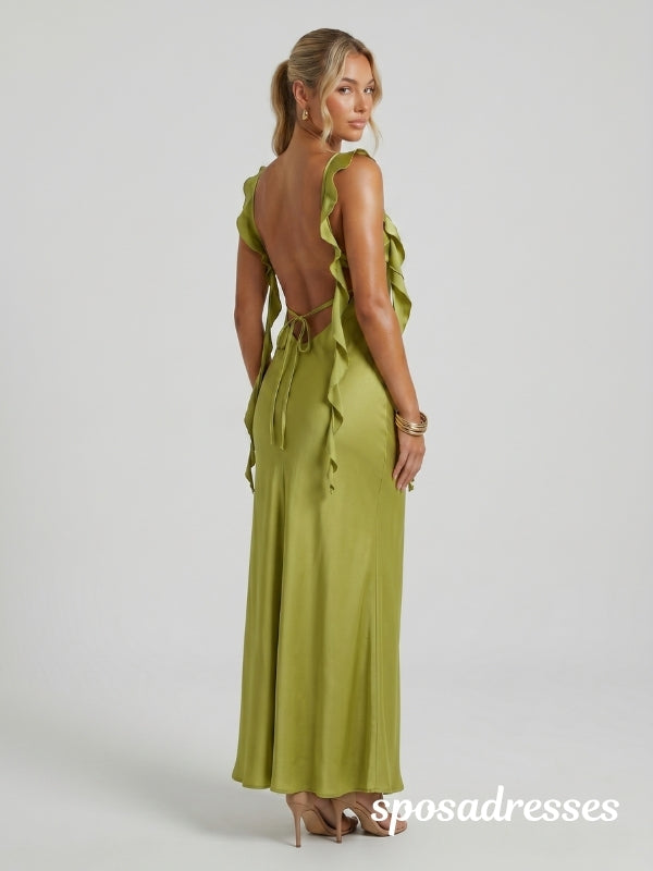 Chartreuse Satin Ruffle Open Back Bridesmaid Dress