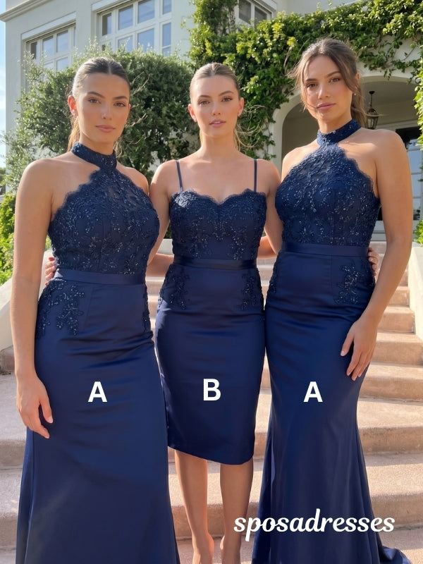 Navy Blue Lace Mismatched Bridesmaid Dresses